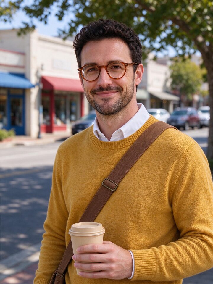 Photo of a man in glasses and a mustard sweater