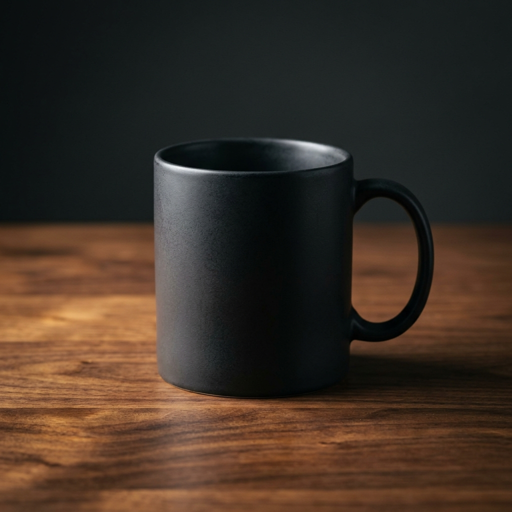 Nano Banana 2.1: A matte black ceramic coffee mug on a walnut table, single soft light from the left, minimal studio backdrop, product photography