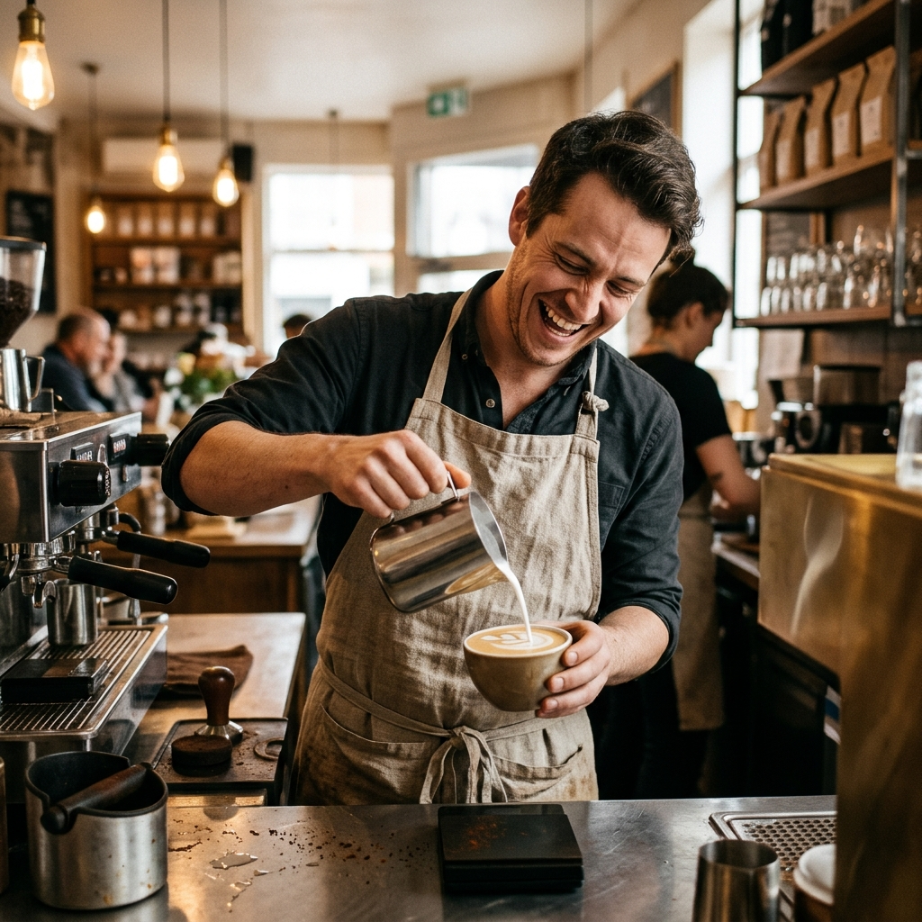 Nano Banana 2.1: A barista in a linen apron laughing while pouring latte art, warm cafe interior, shallow depth of field, candid editorial style