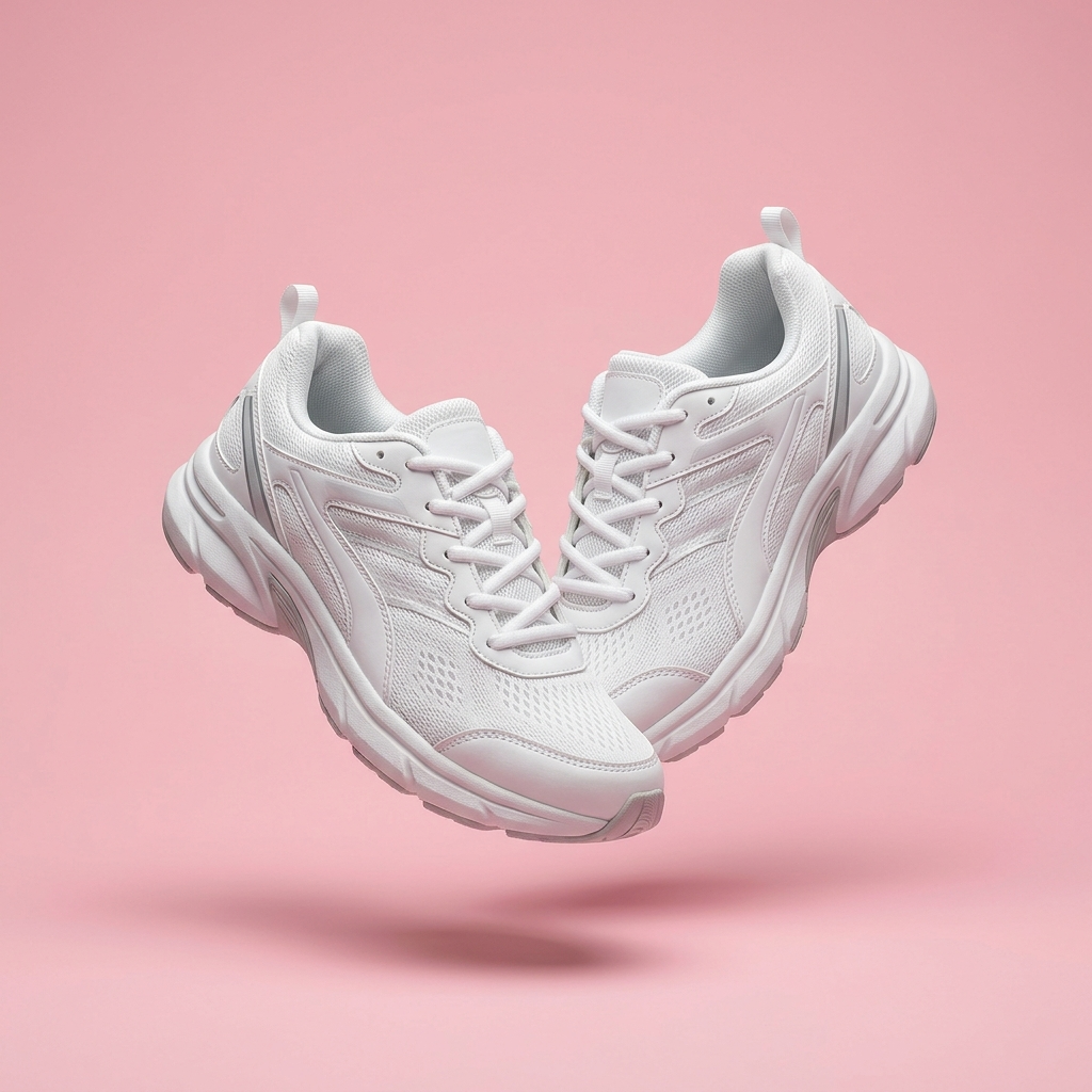 Nano Banana 2.1: A pair of white running shoes floating mid-air over a pastel pink background, even studio lighting, catalogue shot