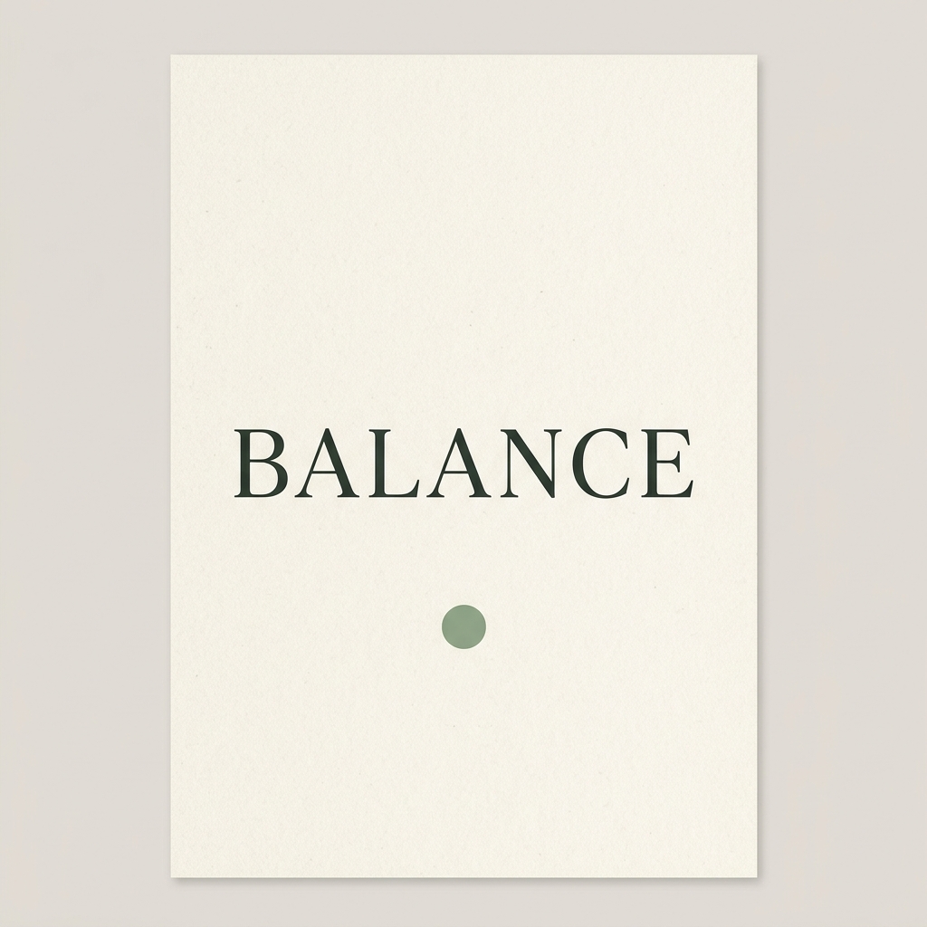 Nano Banana 2.1: A minimalist poster with the single word BALANCE in large serif type centred on cream paper, one small green circle below the word