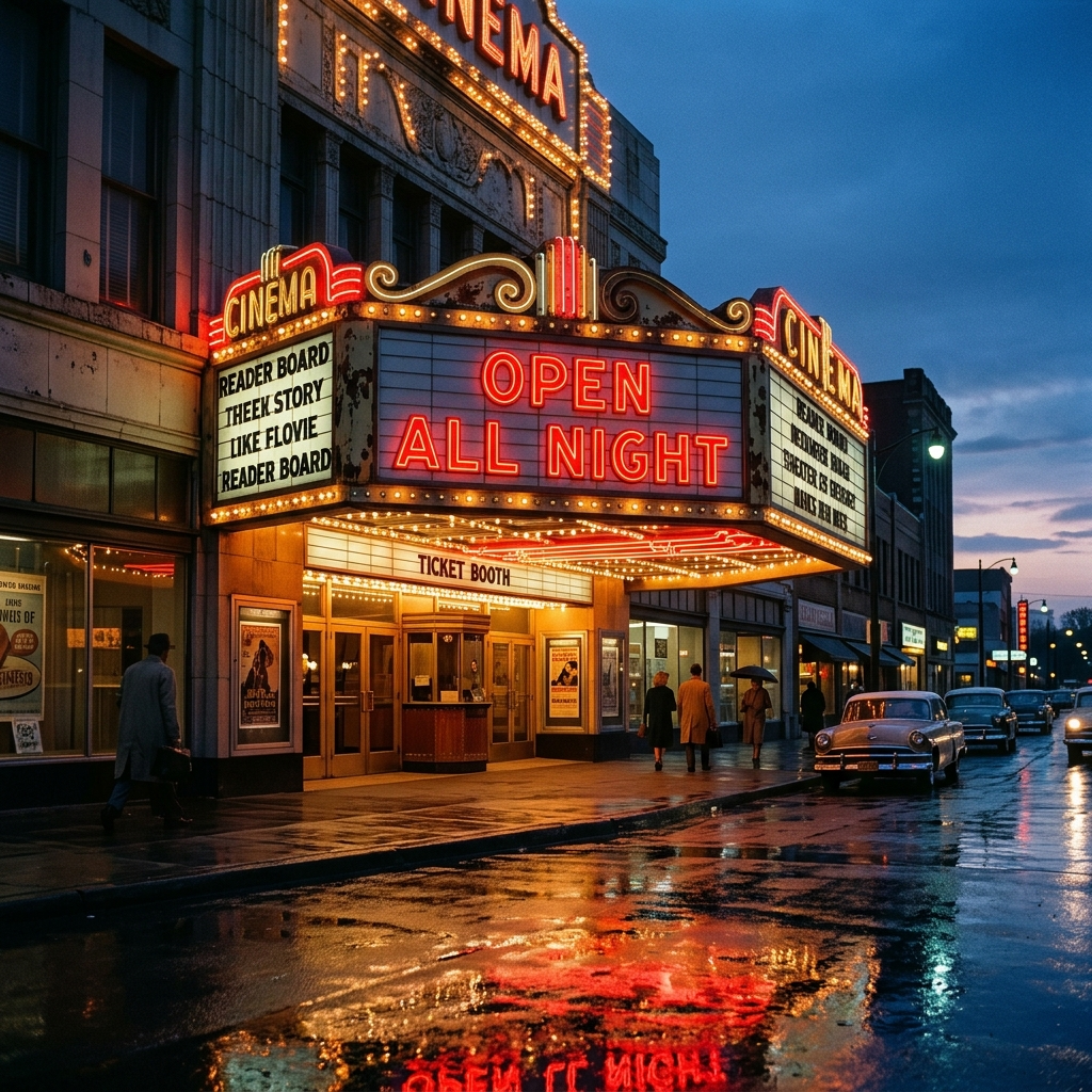 Nano Banana 2.1: A vintage cinema marquee at dusk with the words OPEN ALL NIGHT in bold red letters, neon glow, wet street reflections