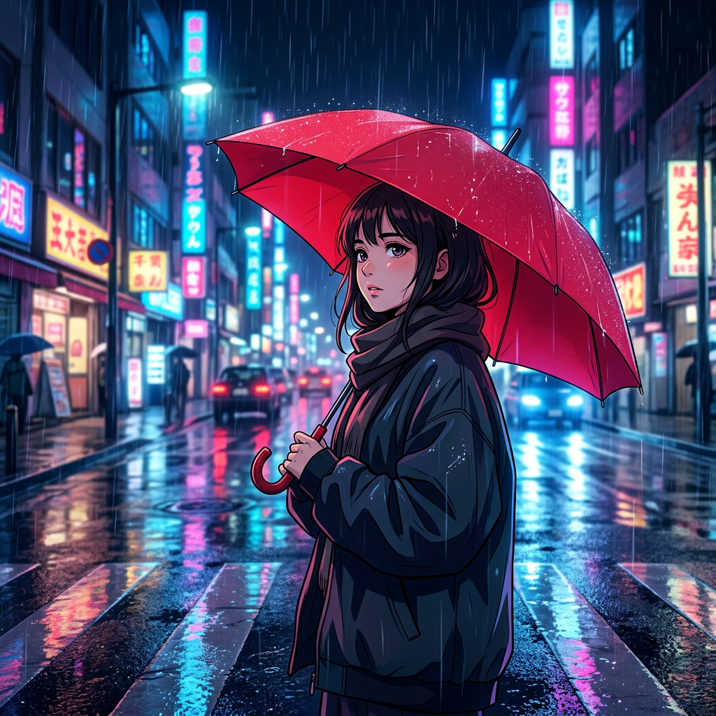 Nano Banana 2.1: Anime-style illustration of a young woman with a red umbrella standing on a rainy city street at night, cel shading, vibrant neon reflections