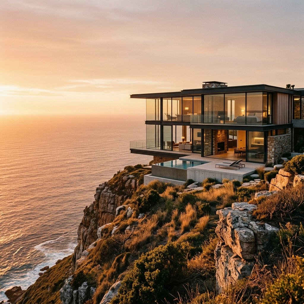 Nano Banana 2.1: A modern glass house on a cliff at golden hour, long shadows, calm ocean below, architectural photography