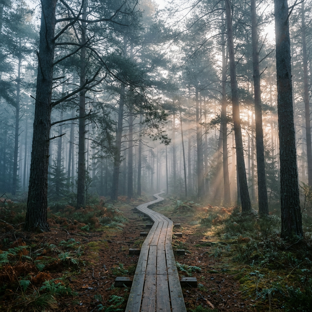 Nano Banana 2.1: Misty pine forest at dawn with rays of light through the trees and a narrow wooden boardwalk, wide angle