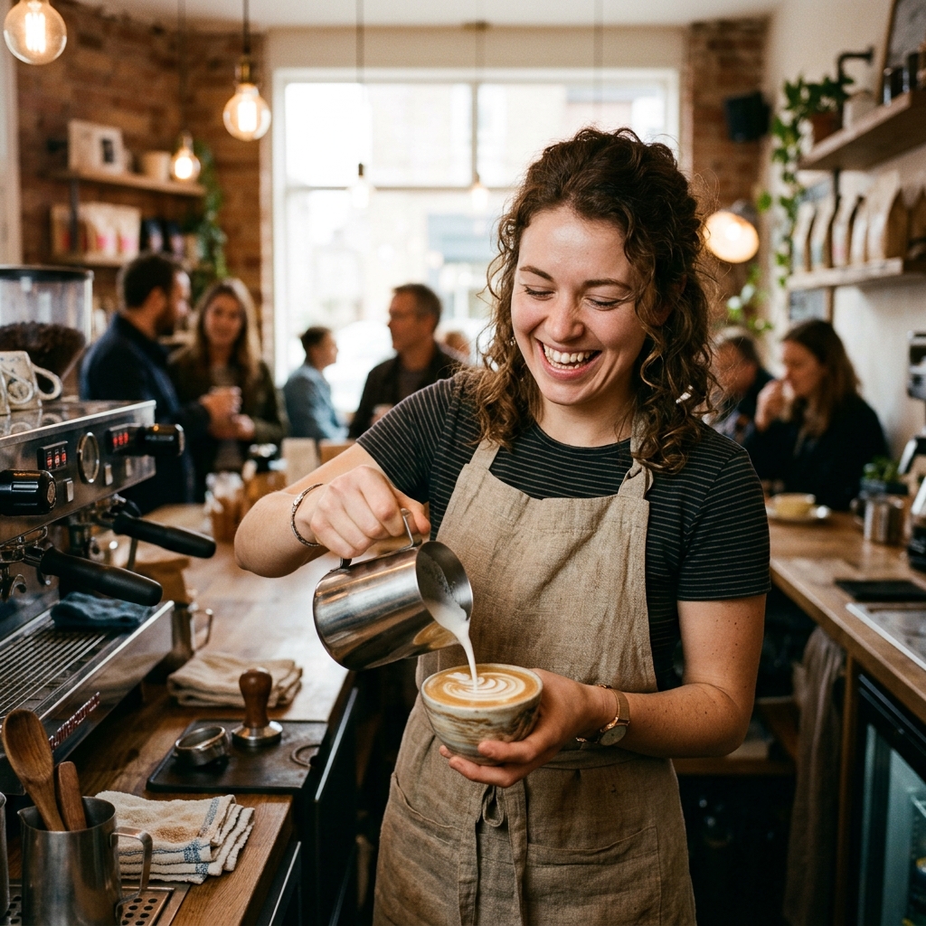 Nano Banana 2: A barista in a linen apron laughing while pouring latte art, warm cafe interior, shallow depth of field, candid editorial style