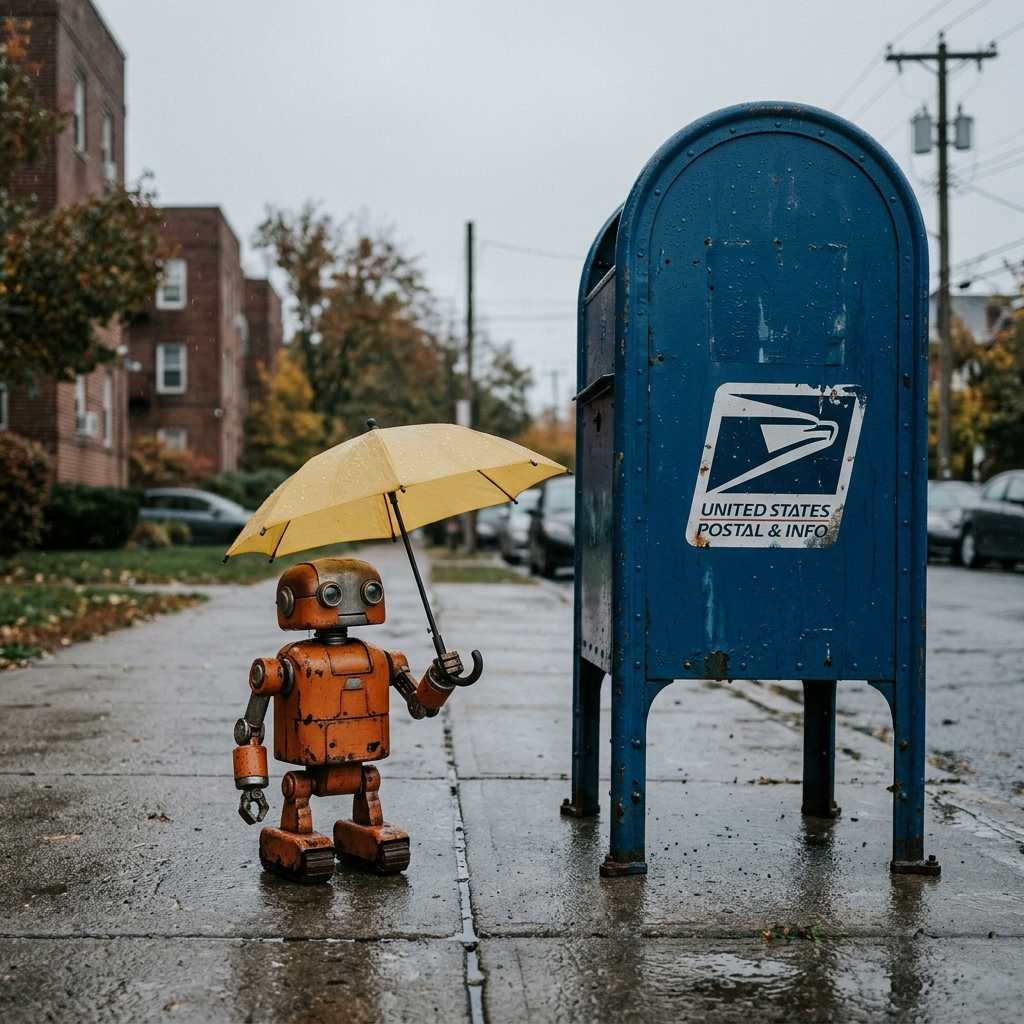 Nano Banana 2.1: A small orange robot holding a yellow umbrella standing to the left of a tall blue mailbox, overcast day, photoreal