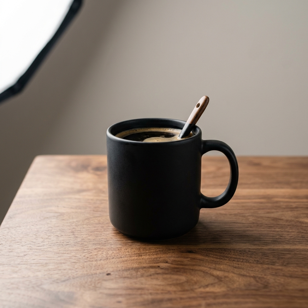 Nano Banana 2: A matte black ceramic coffee mug on a walnut table, single soft light from the left, minimal studio backdrop, product photography