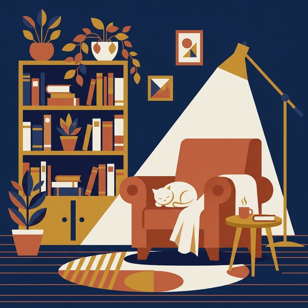 Nano Banana 2.1: Flat vector illustration of a cosy reading nook with a cat asleep on an armchair, limited palette of four colours, clean geometric shapes