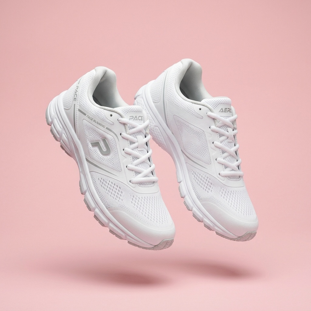 Nano Banana 2: A pair of white running shoes floating mid-air over a pastel pink background, even studio lighting, catalogue shot
