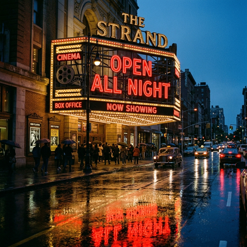 Nano Banana 2: A vintage cinema marquee at dusk with the words OPEN ALL NIGHT in bold red letters, neon glow, wet street reflections