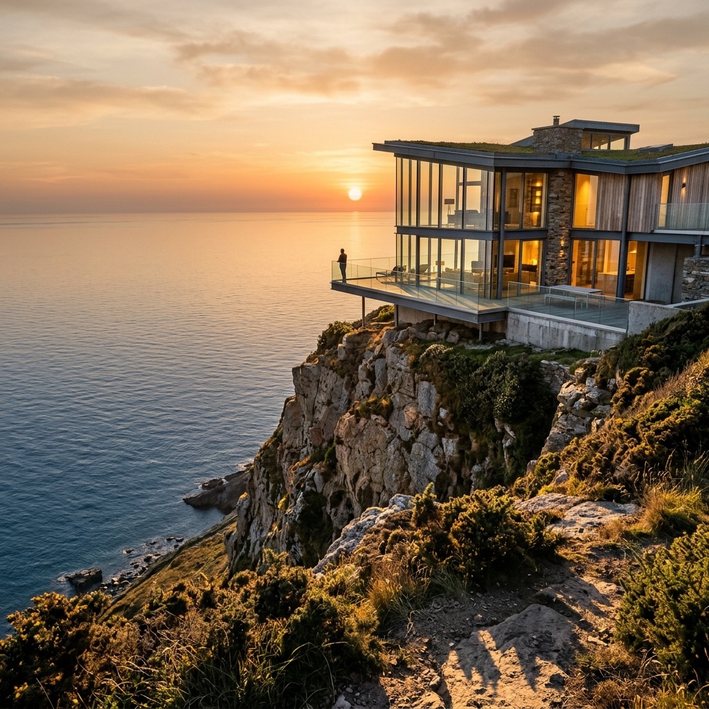 Nano Banana 2: A modern glass house on a cliff at golden hour, long shadows, calm ocean below, architectural photography