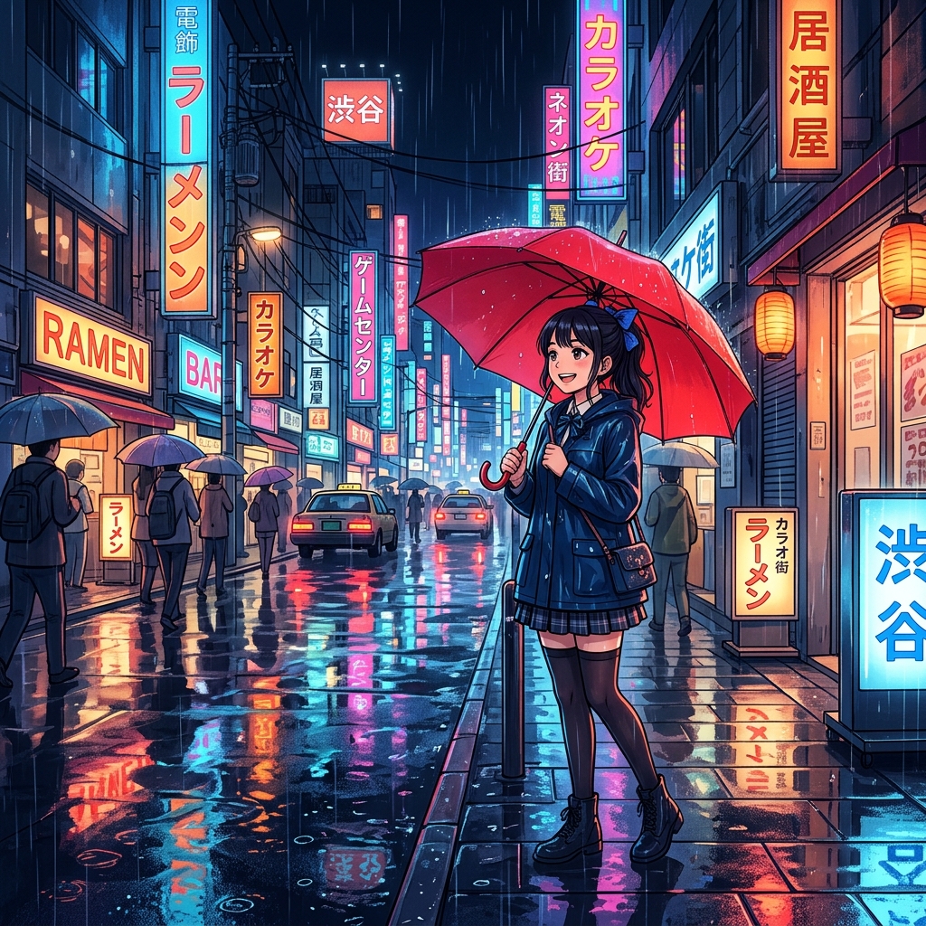 Nano Banana 2: Anime-style illustration of a young woman with a red umbrella standing on a rainy city street at night, cel shading, vibrant neon reflections