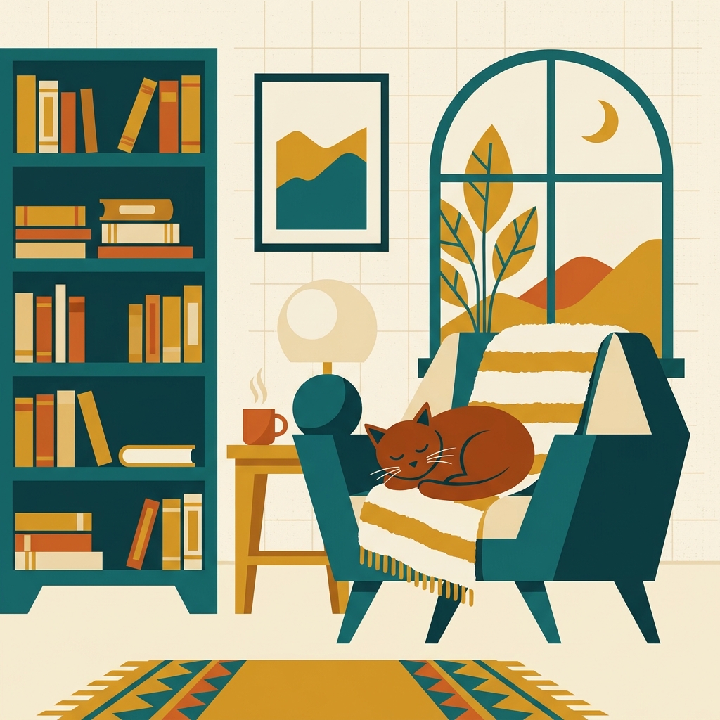 Nano Banana 2: Flat vector illustration of a cosy reading nook with a cat asleep on an armchair, limited palette of four colours, clean geometric shapes