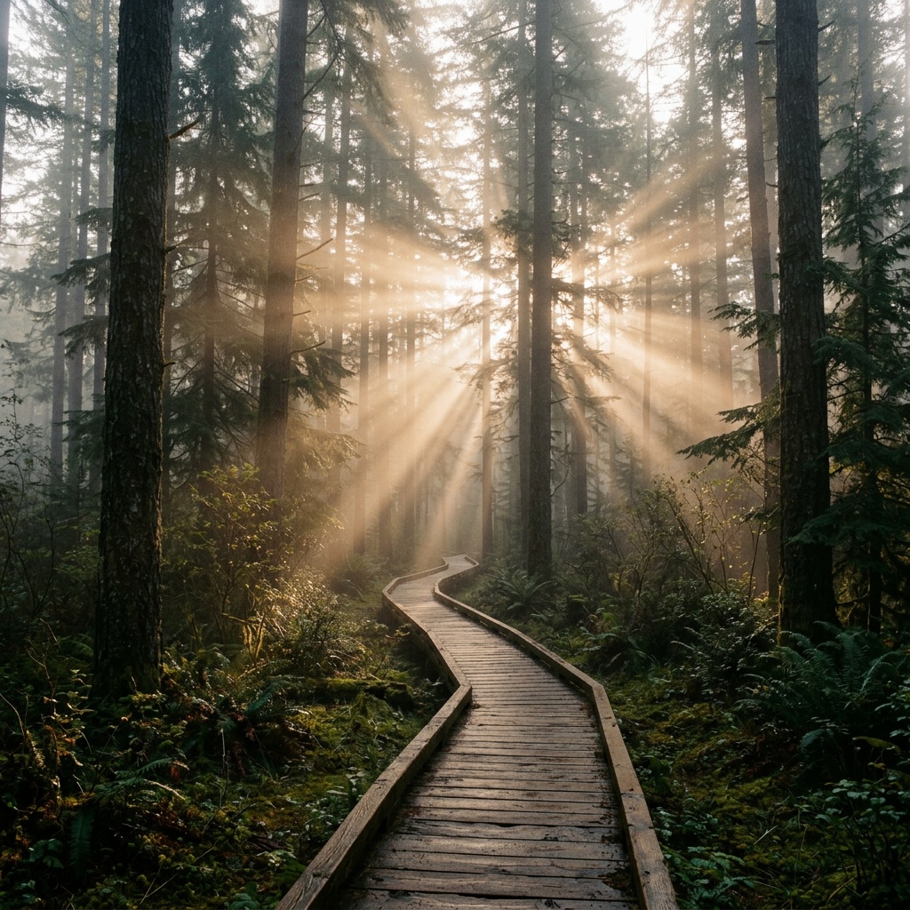 Nano Banana 2: Misty pine forest at dawn with rays of light through the trees and a narrow wooden boardwalk, wide angle