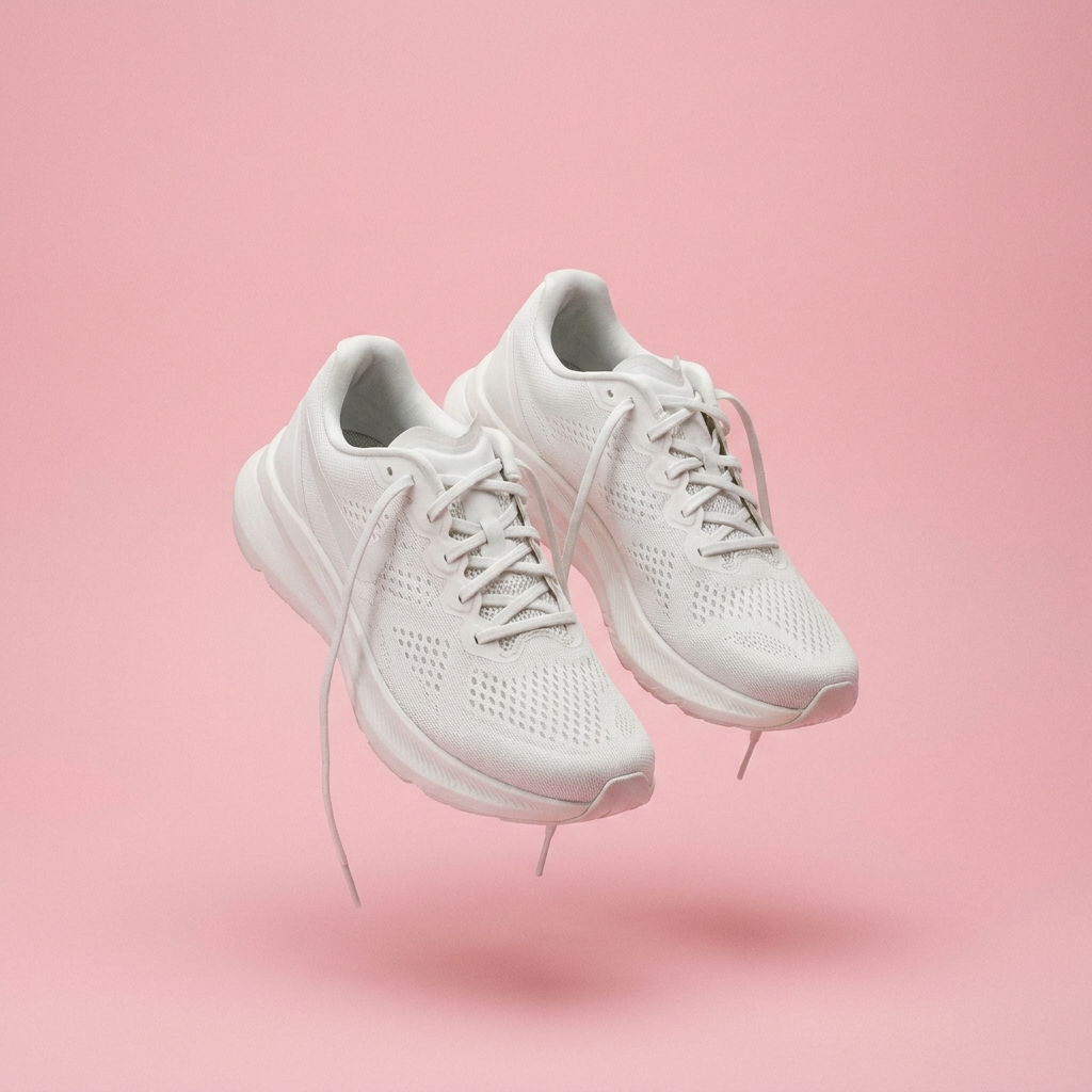 Nano Banana Pro: A pair of white running shoes floating mid-air over a pastel pink background, even studio lighting, catalogue shot