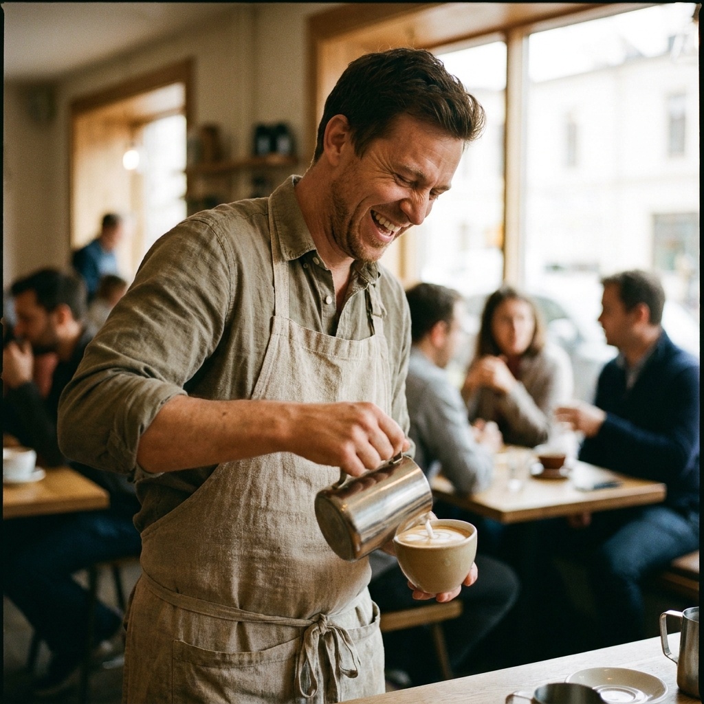 Nano Banana Pro: A barista in a linen apron laughing while pouring latte art, warm cafe interior, shallow depth of field, candid editorial style