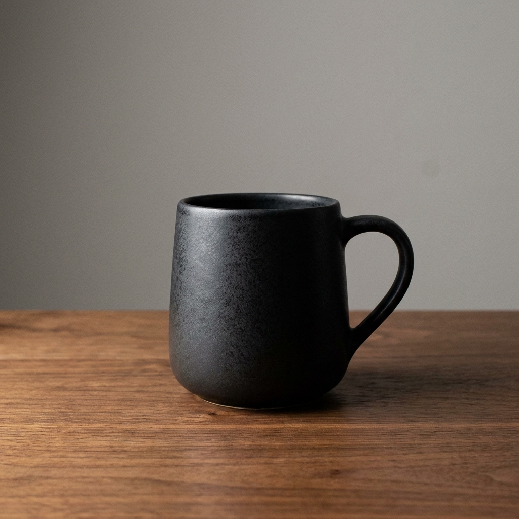 Nano Banana Pro: A matte black ceramic coffee mug on a walnut table, single soft light from the left, minimal studio backdrop, product photography