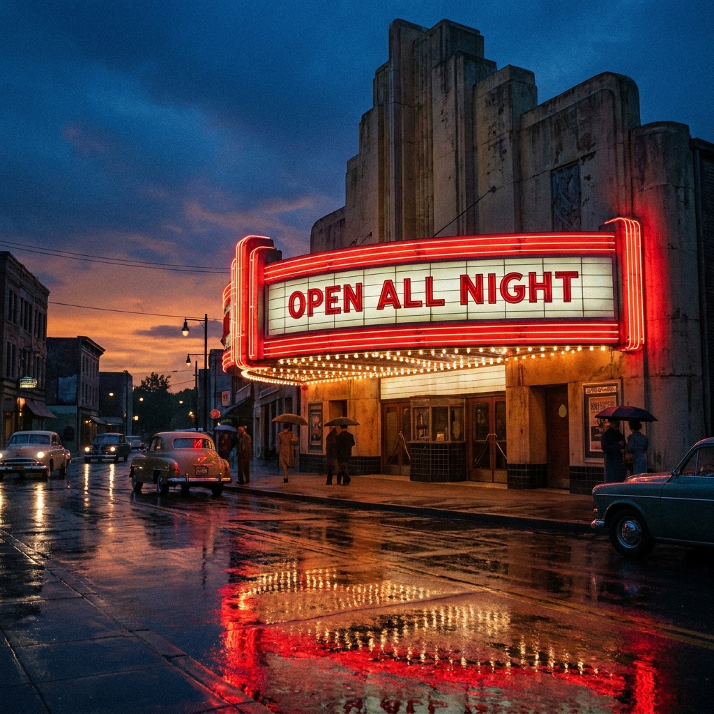 Nano Banana Pro: A vintage cinema marquee at dusk with the words OPEN ALL NIGHT in bold red letters, neon glow, wet street reflections