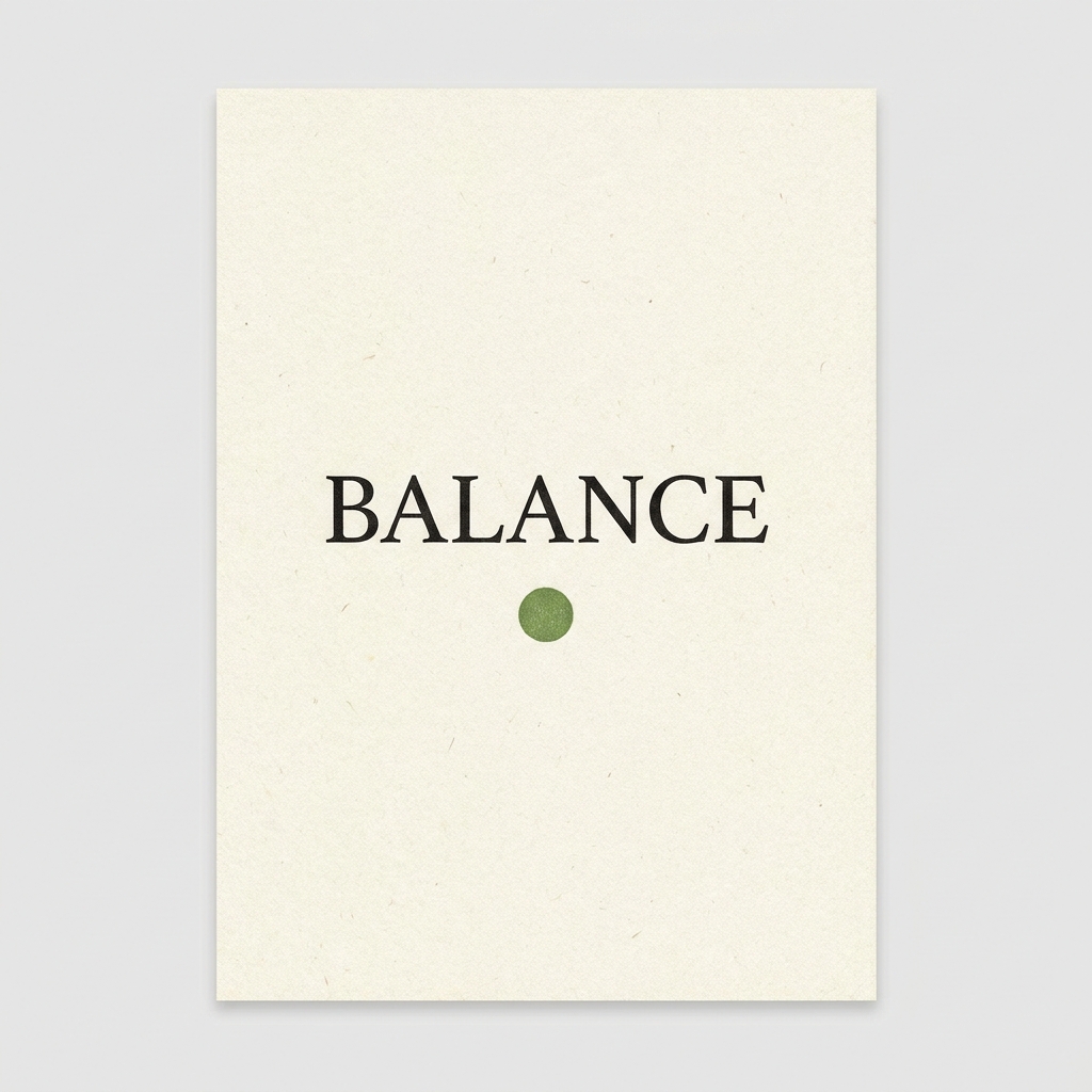 Nano Banana Pro: A minimalist poster with the single word BALANCE in large serif type centred on cream paper, one small green circle below the word
