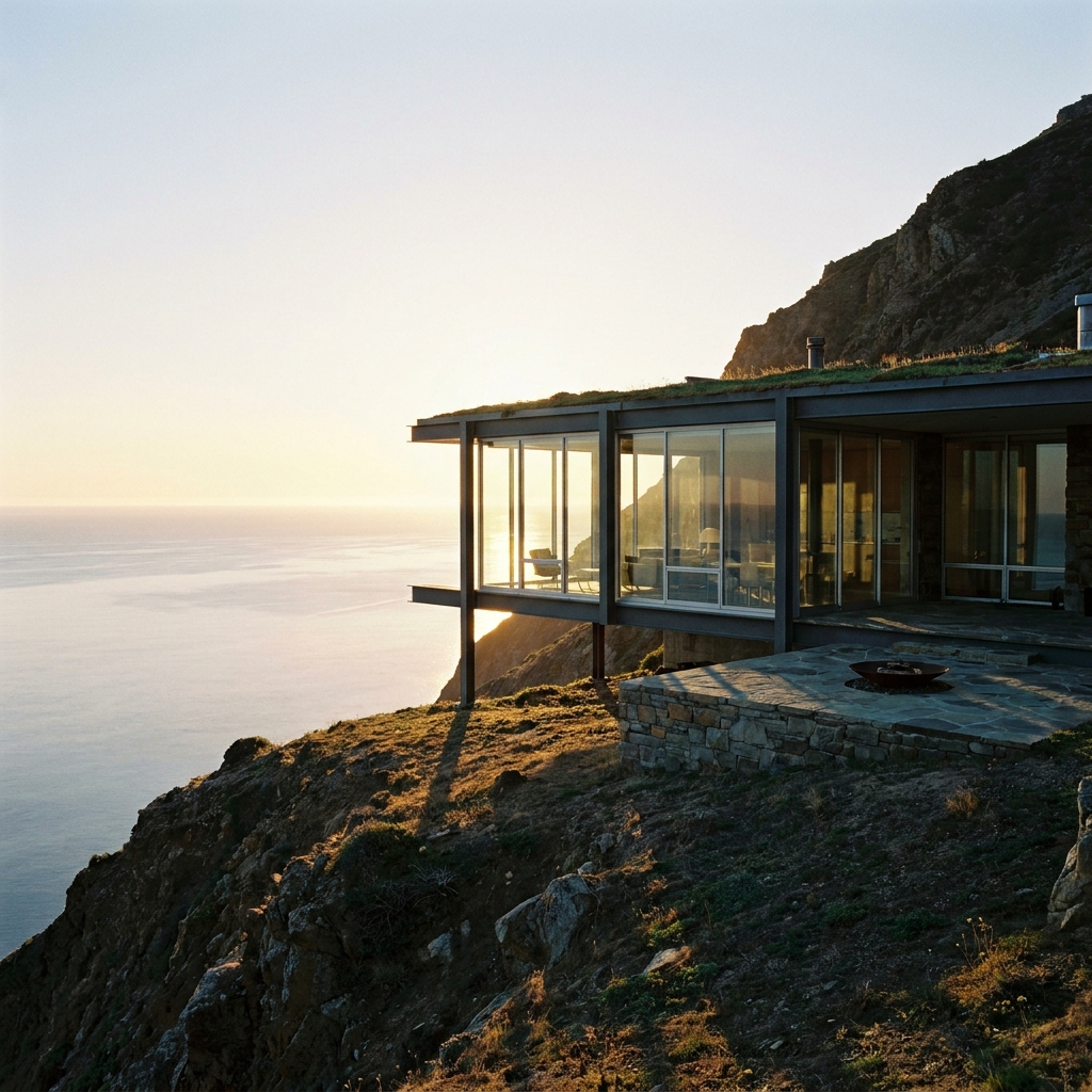 Nano Banana Pro: A modern glass house on a cliff at golden hour, long shadows, calm ocean below, architectural photography
