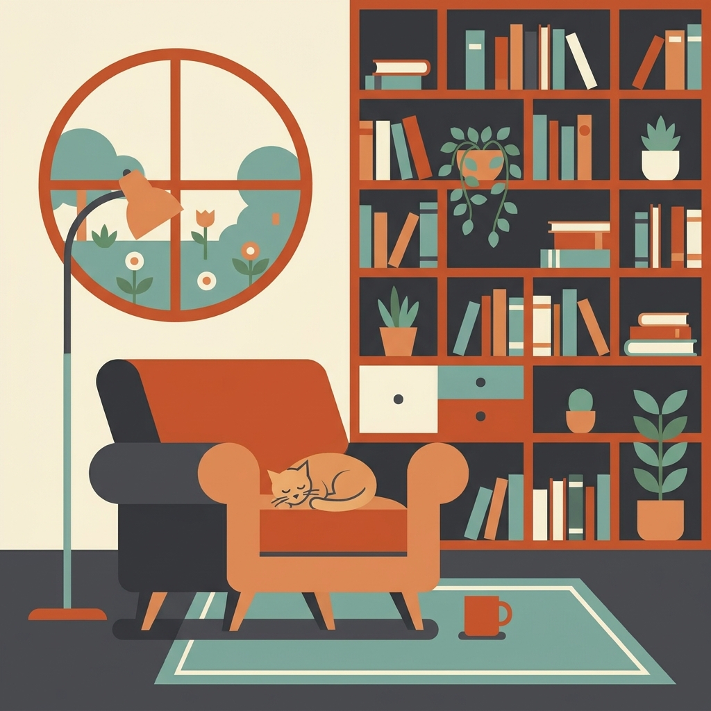 Nano Banana Pro: Flat vector illustration of a cosy reading nook with a cat asleep on an armchair, limited palette of four colours, clean geometric shapes