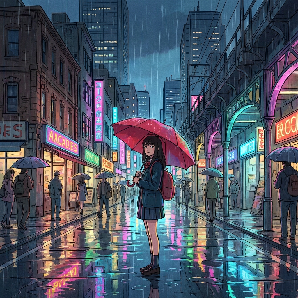 Nano Banana Pro: Anime-style illustration of a young woman with a red umbrella standing on a rainy city street at night, cel shading, vibrant neon reflections