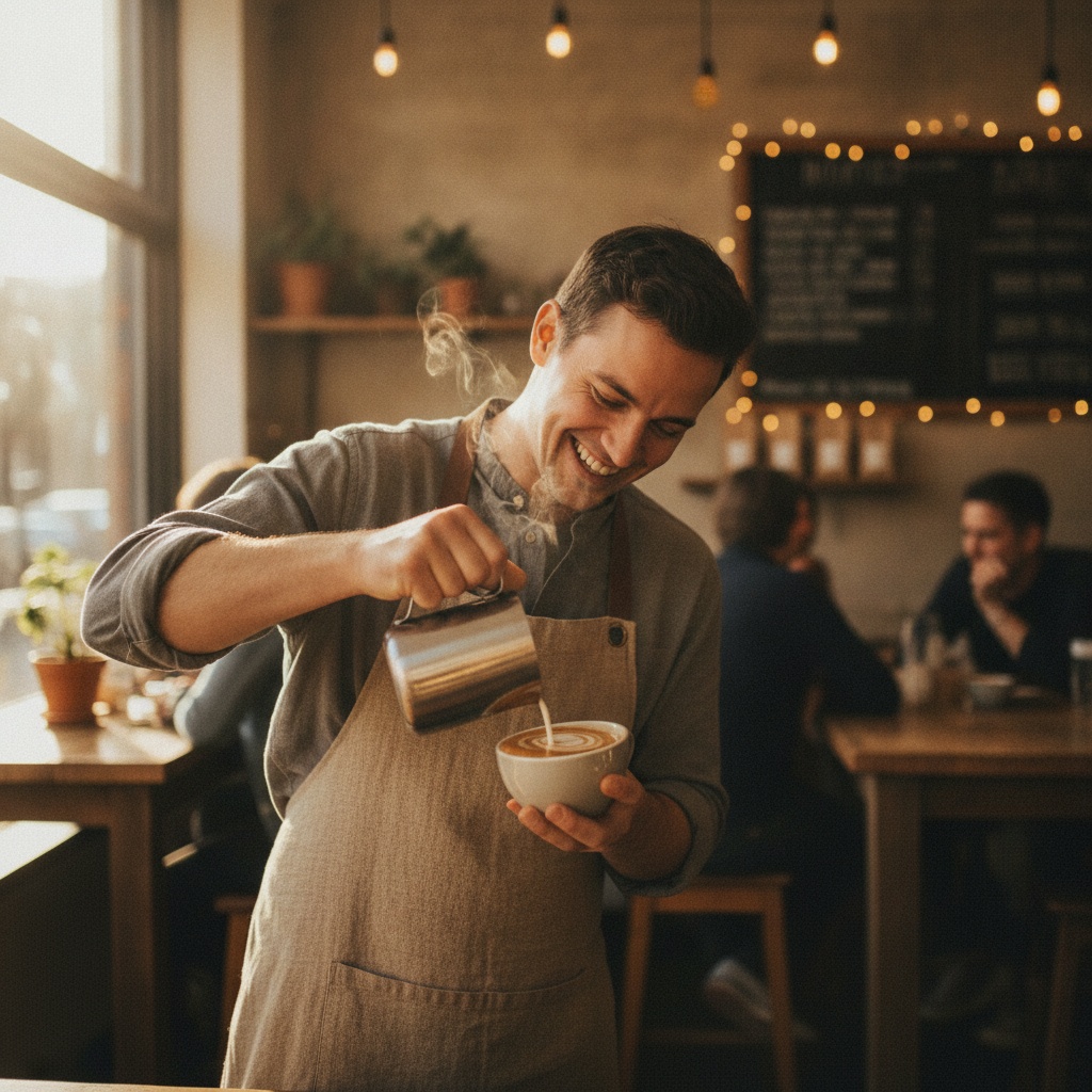 Nano Banana: A barista in a linen apron laughing while pouring latte art, warm cafe interior, shallow depth of field, candid editorial style