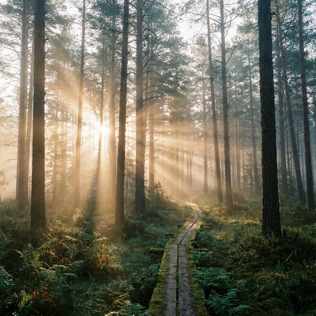 Nano Banana Pro: Misty pine forest at dawn with rays of light through the trees and a narrow wooden boardwalk, wide angle