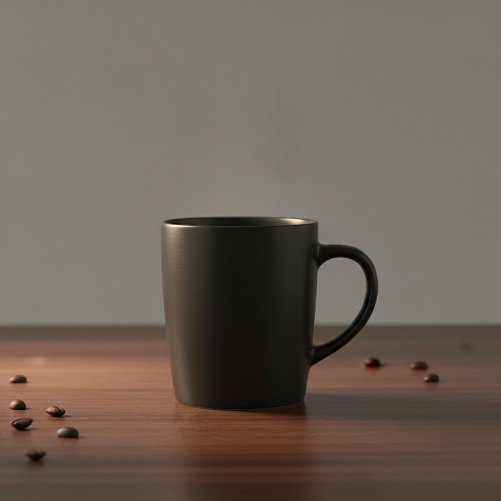 Nano Banana: A matte black ceramic coffee mug on a walnut table, single soft light from the left, minimal studio backdrop, product photography