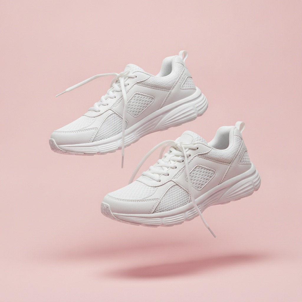 Nano Banana: A pair of white running shoes floating mid-air over a pastel pink background, even studio lighting, catalogue shot
