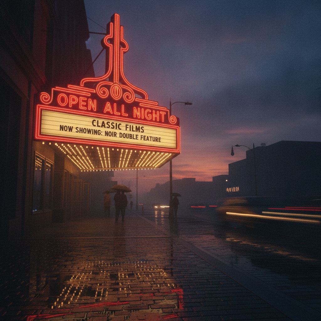 Nano Banana: A vintage cinema marquee at dusk with the words OPEN ALL NIGHT in bold red letters, neon glow, wet street reflections