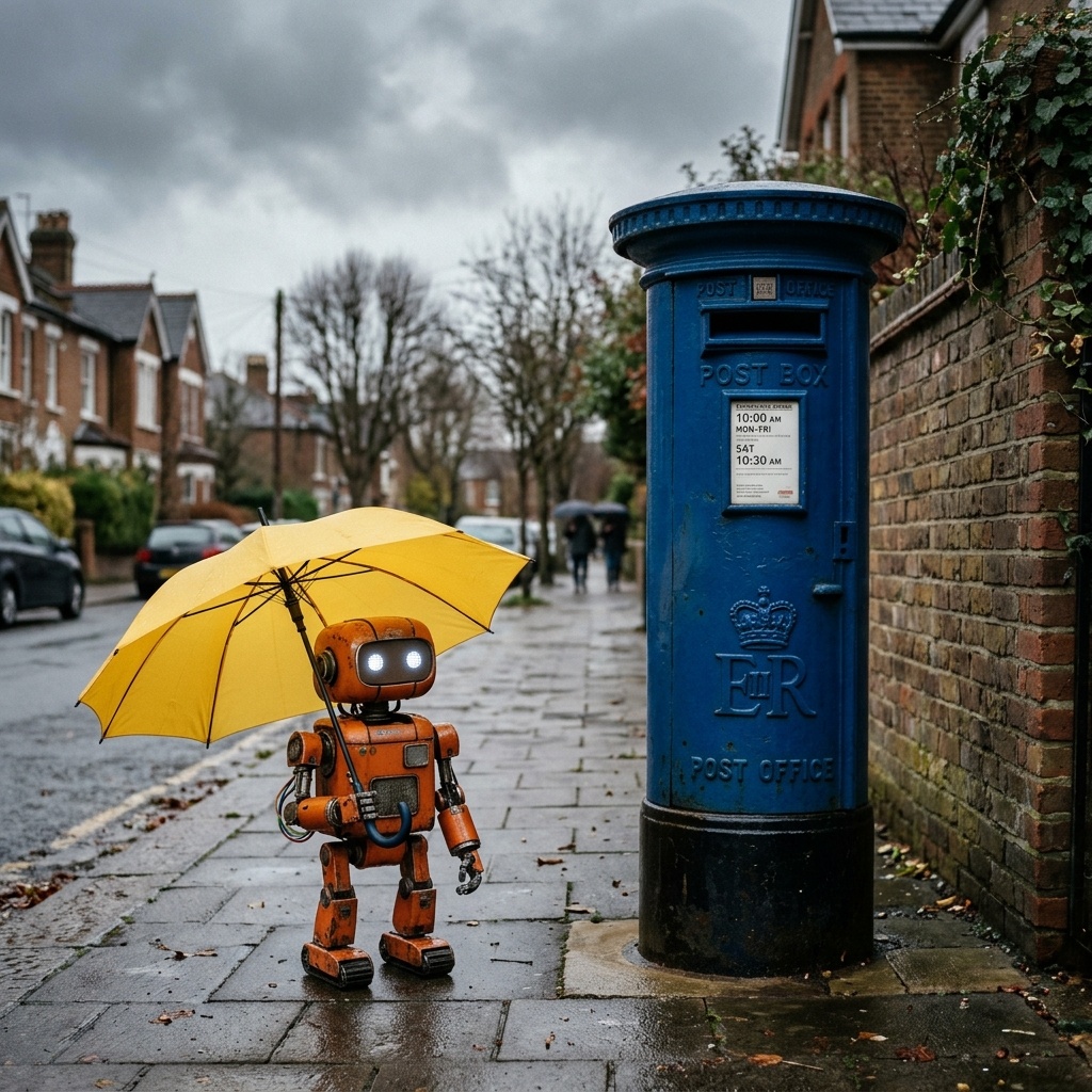 Nano Banana 2: A small orange robot holding a yellow umbrella standing to the left of a tall blue mailbox, overcast day, photoreal