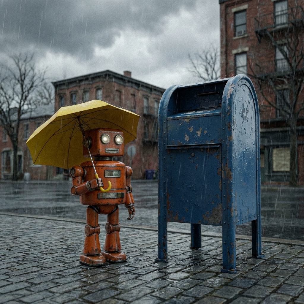 Nano Banana Pro: A small orange robot holding a yellow umbrella standing to the left of a tall blue mailbox, overcast day, photoreal