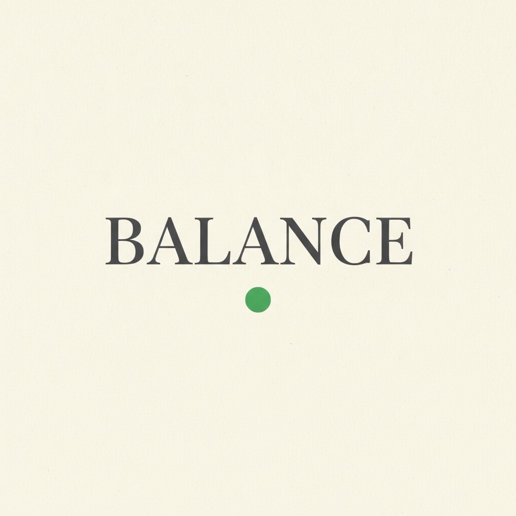 Nano Banana: A minimalist poster with the single word BALANCE in large serif type centred on cream paper, one small green circle below the word