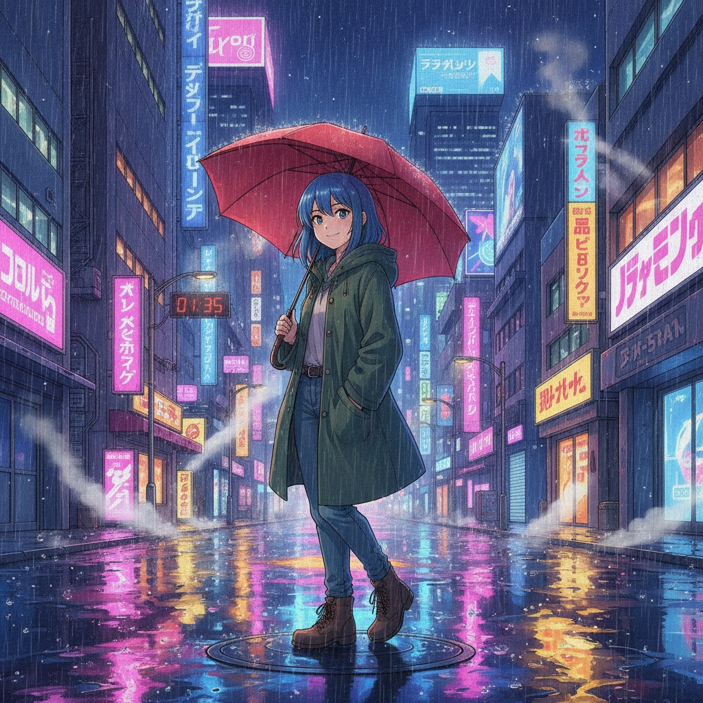 Nano Banana: Anime-style illustration of a young woman with a red umbrella standing on a rainy city street at night, cel shading, vibrant neon reflections