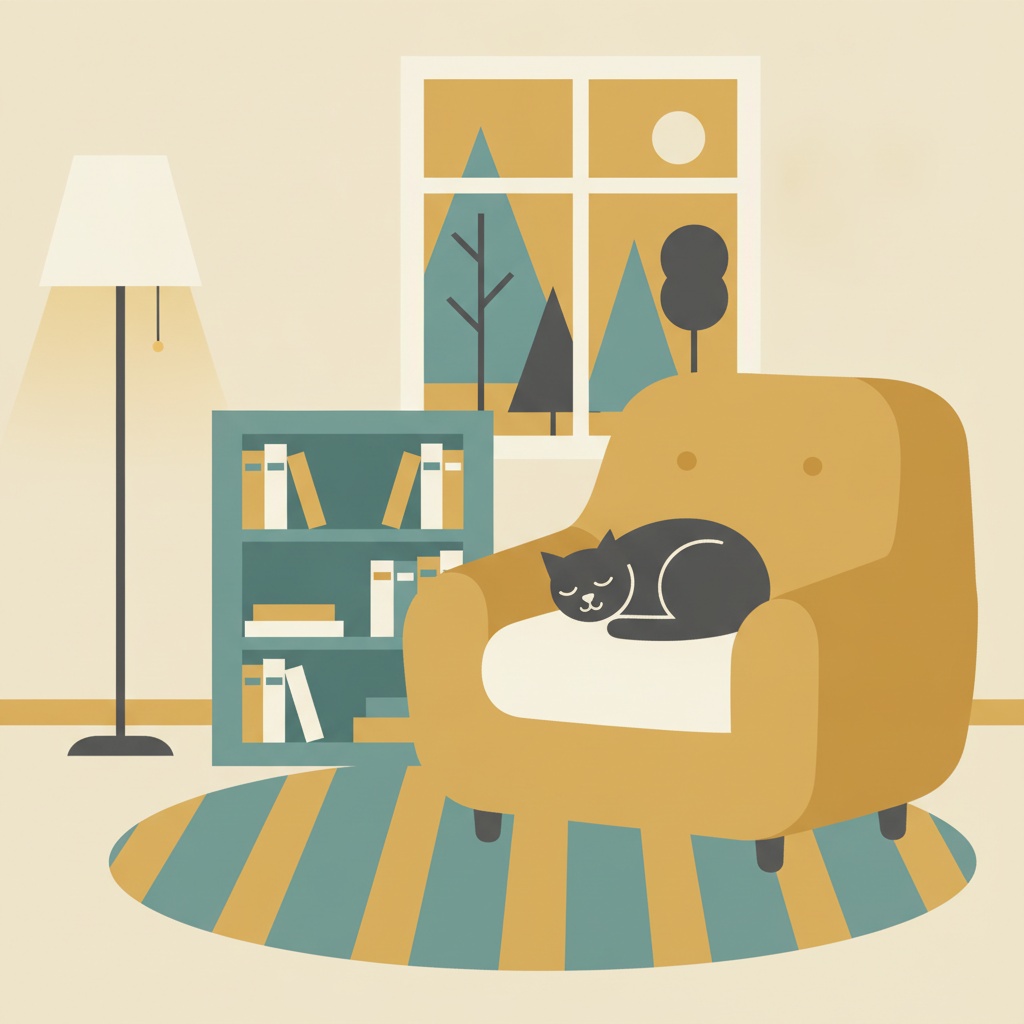 Nano Banana: Flat vector illustration of a cosy reading nook with a cat asleep on an armchair, limited palette of four colours, clean geometric shapes