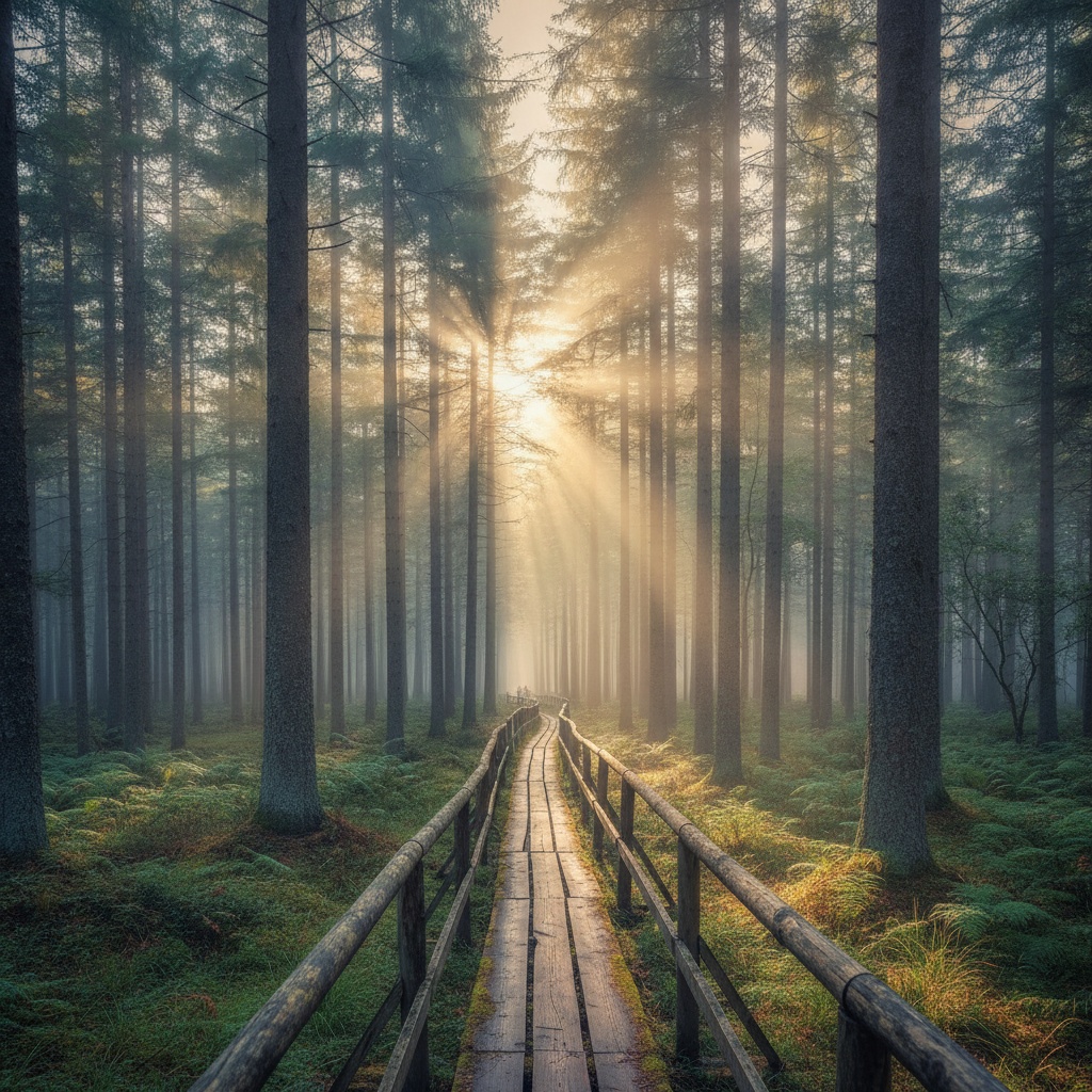 Nano Banana: Misty pine forest at dawn with rays of light through the trees and a narrow wooden boardwalk, wide angle