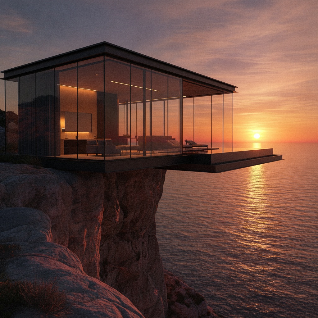 Nano Banana: A modern glass house on a cliff at golden hour, long shadows, calm ocean below, architectural photography