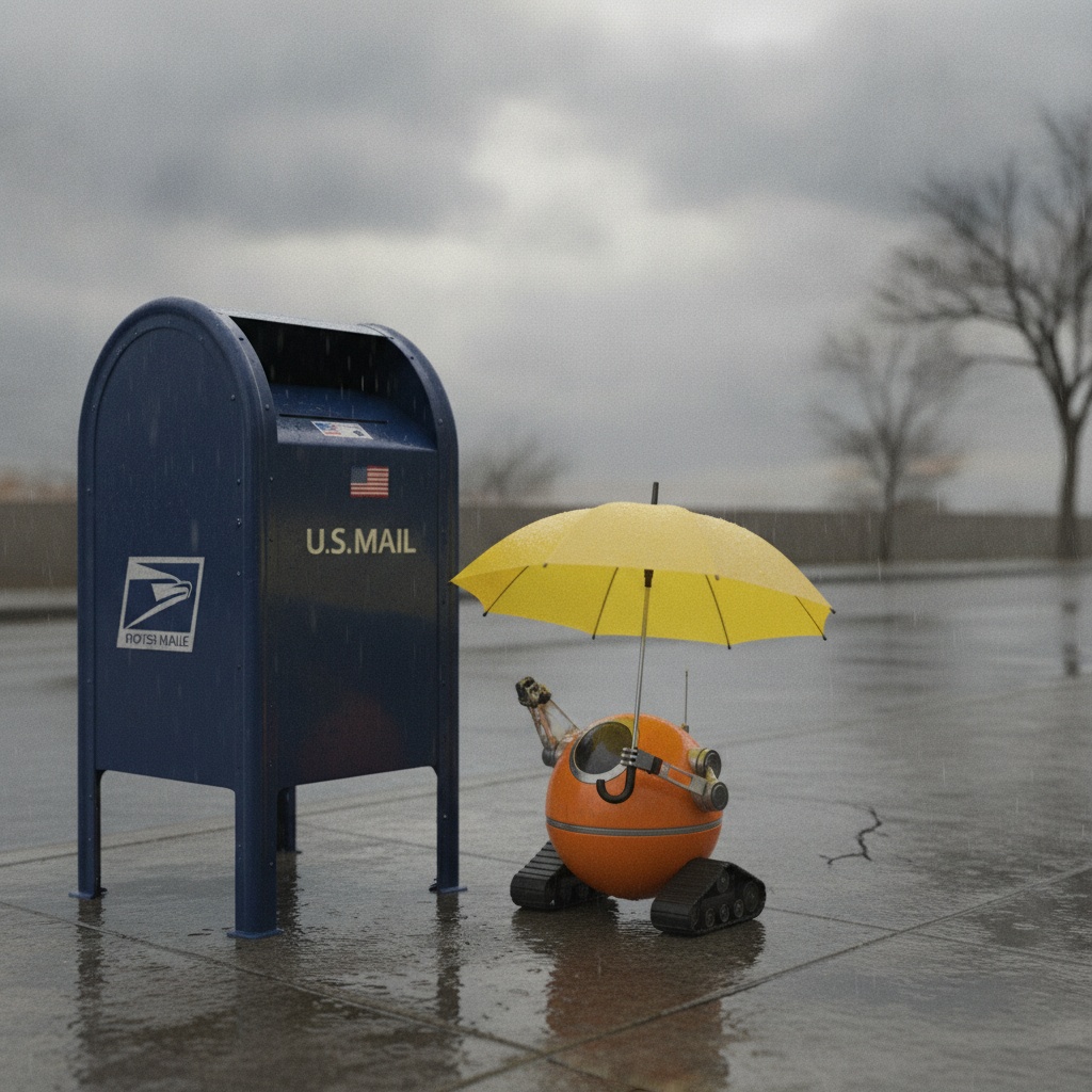 Nano Banana: A small orange robot holding a yellow umbrella standing to the left of a tall blue mailbox, overcast day, photoreal