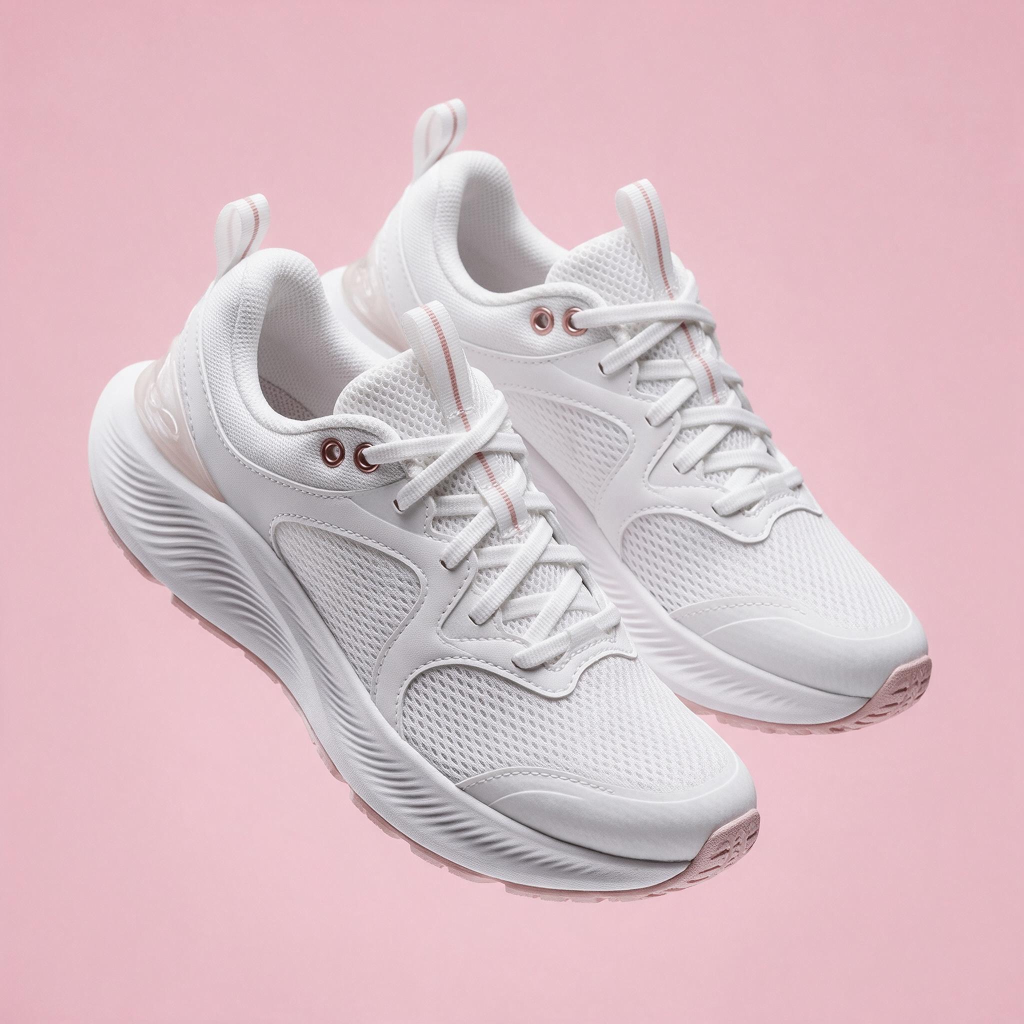 Seedream 5.0 Pro: A pair of white running shoes floating mid-air over a pastel pink background, even studio lighting, catalogue shot