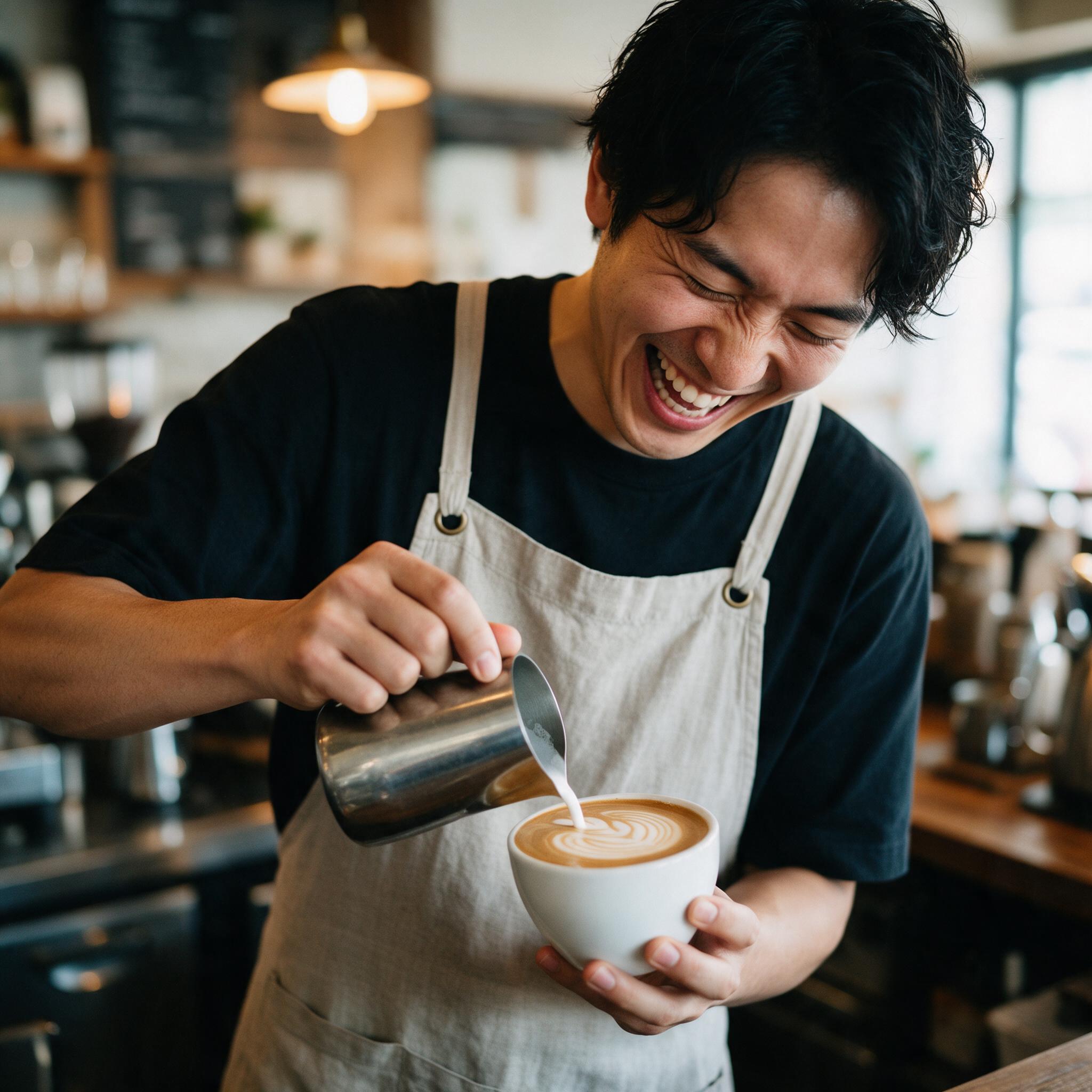 Seedream 5.0 Pro: A barista in a linen apron laughing while pouring latte art, warm cafe interior, shallow depth of field, candid editorial style