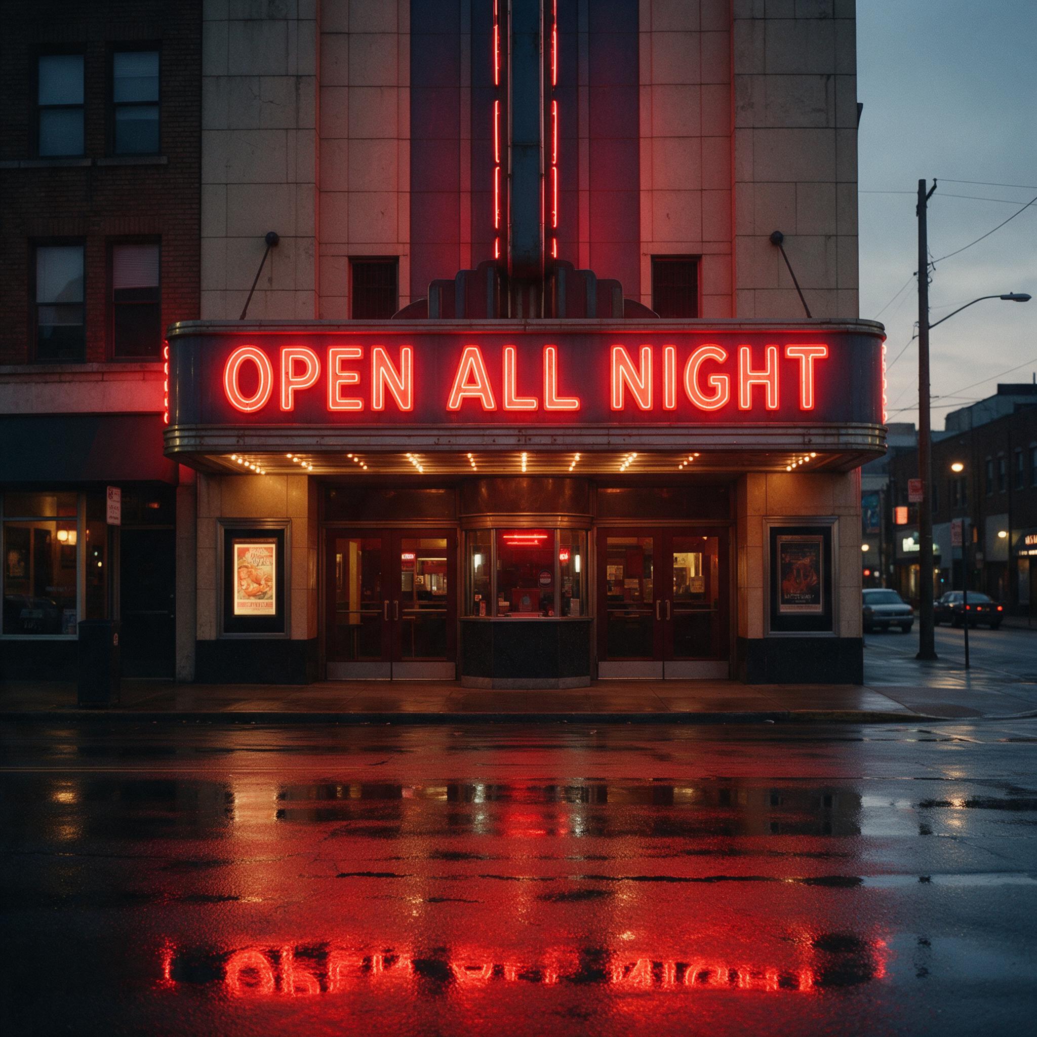 Seedream 5.0 Pro: A vintage cinema marquee at dusk with the words OPEN ALL NIGHT in bold red letters, neon glow, wet street reflections