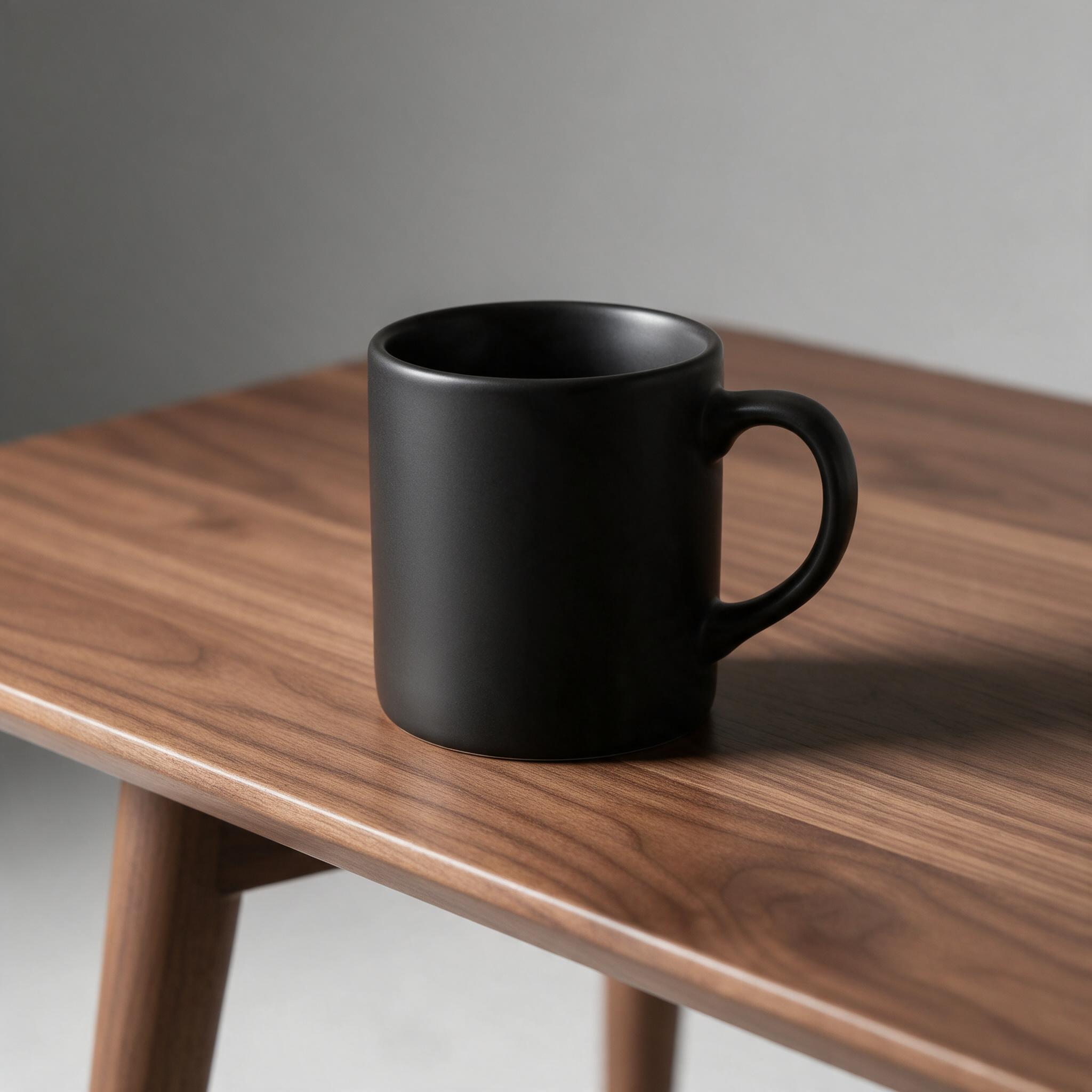 Seedream 5.0 Pro: A matte black ceramic coffee mug on a walnut table, single soft light from the left, minimal studio backdrop, product photography