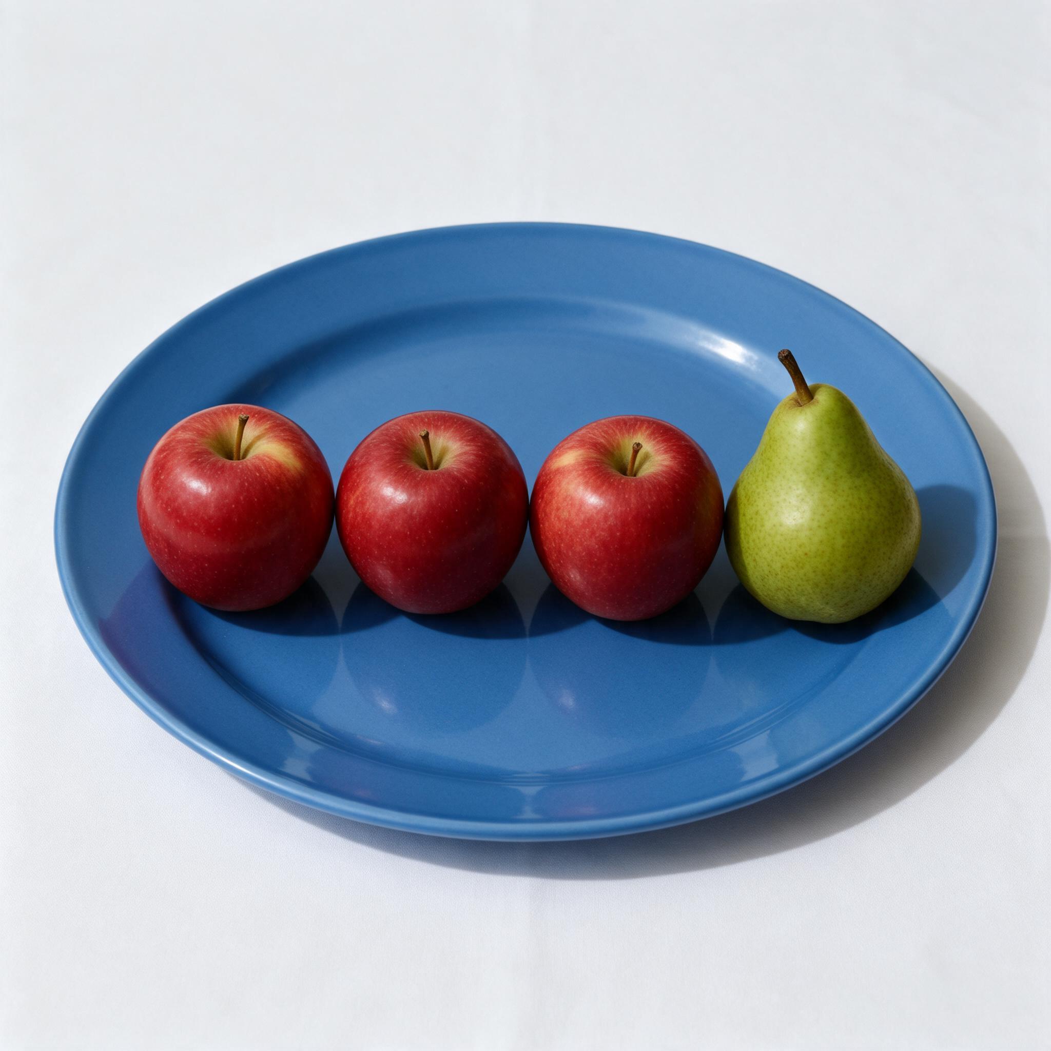 Seedream 5.0 Pro: Three red apples and one green pear arranged in a single row on a blue plate, top-down view, white tablecloth