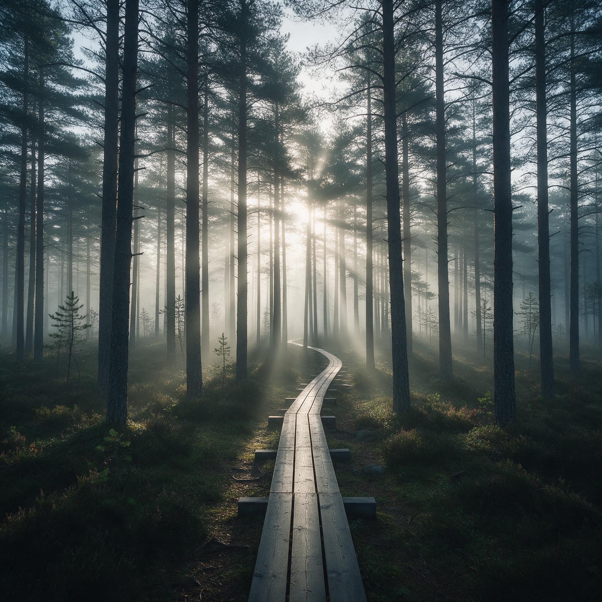 Seedream 5.0 Pro: Misty pine forest at dawn with rays of light through the trees and a narrow wooden boardwalk, wide angle