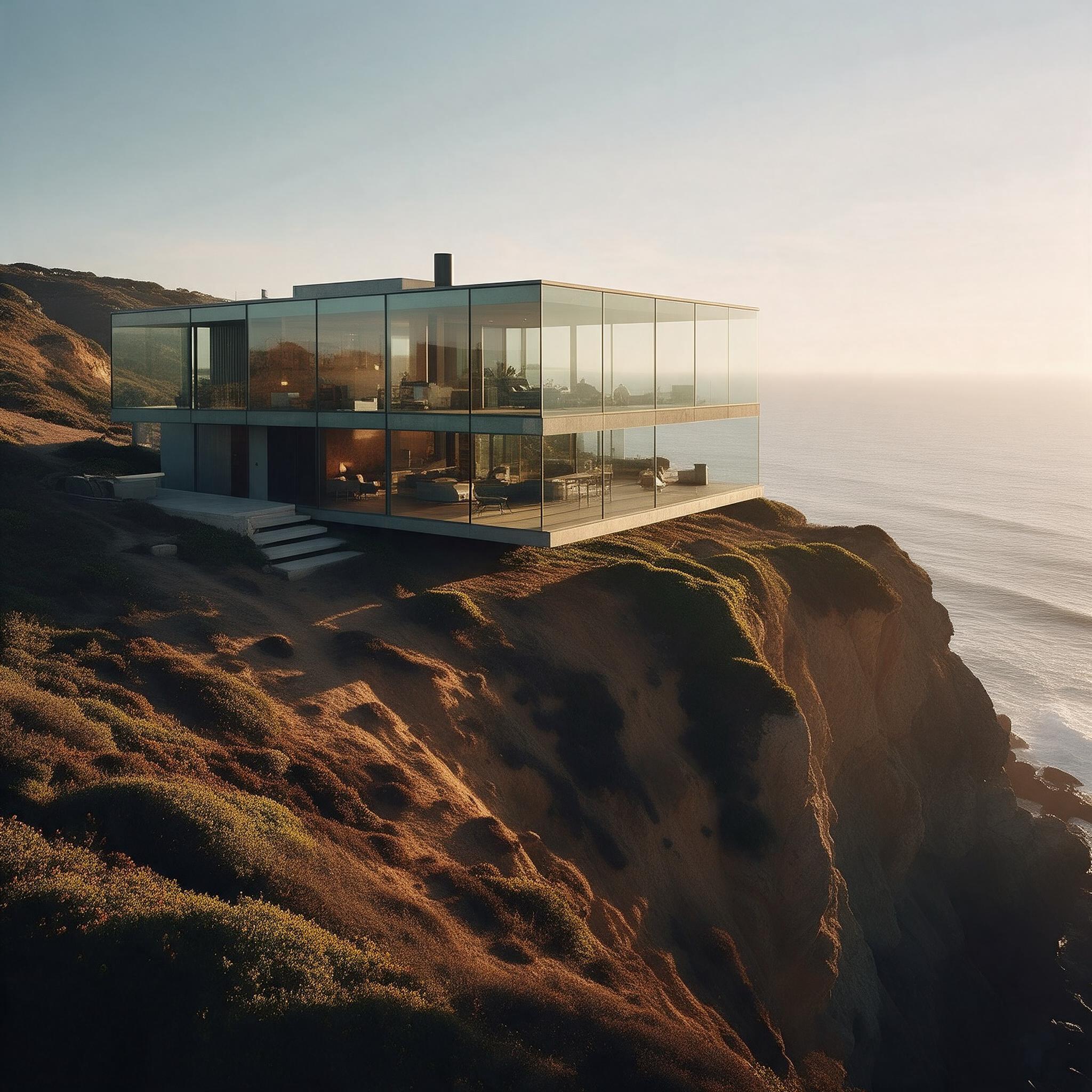 Seedream 5.0 Pro: A modern glass house on a cliff at golden hour, long shadows, calm ocean below, architectural photography