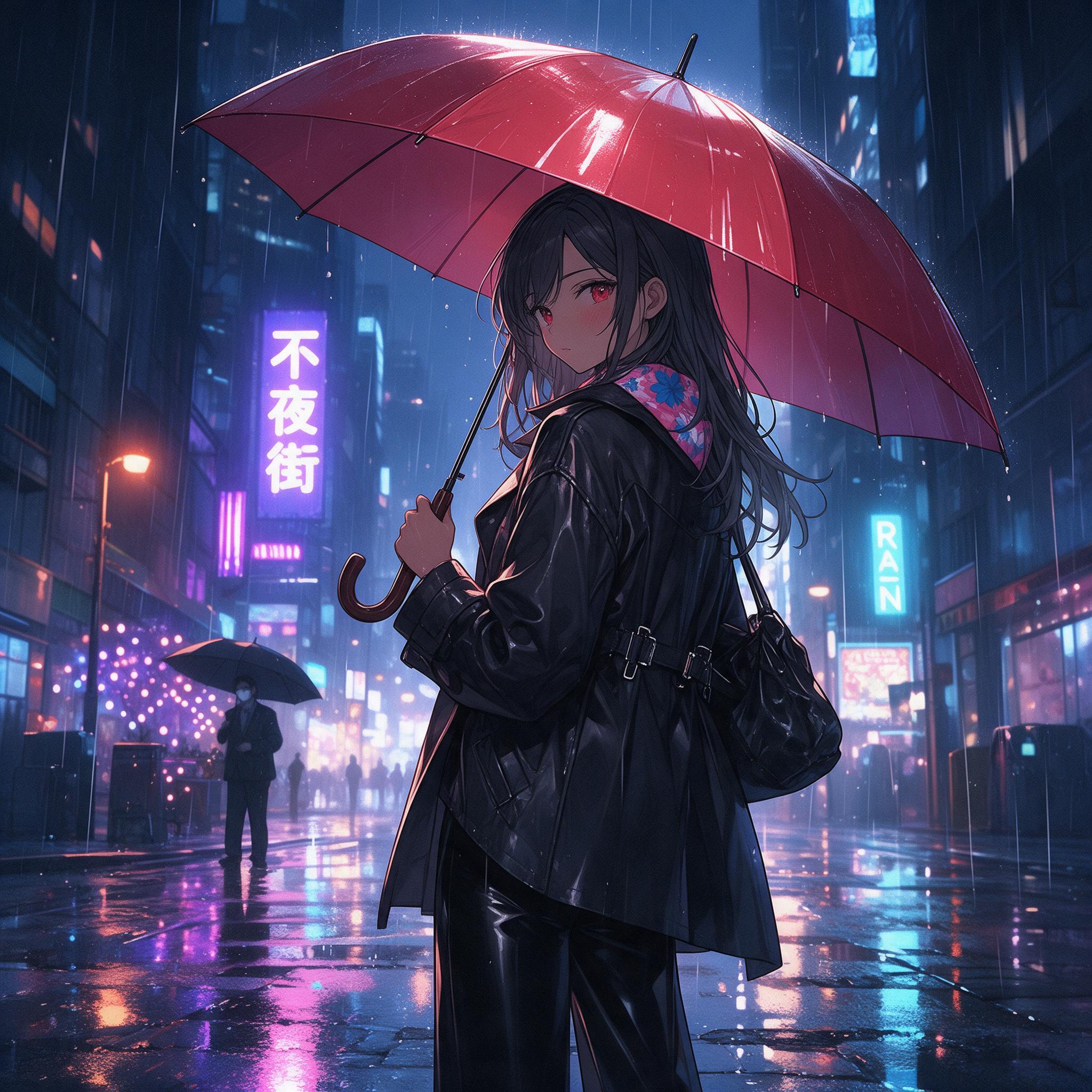 Seedream 5.0 Pro: Anime-style illustration of a young woman with a red umbrella standing on a rainy city street at night, cel shading, vibrant neon reflections