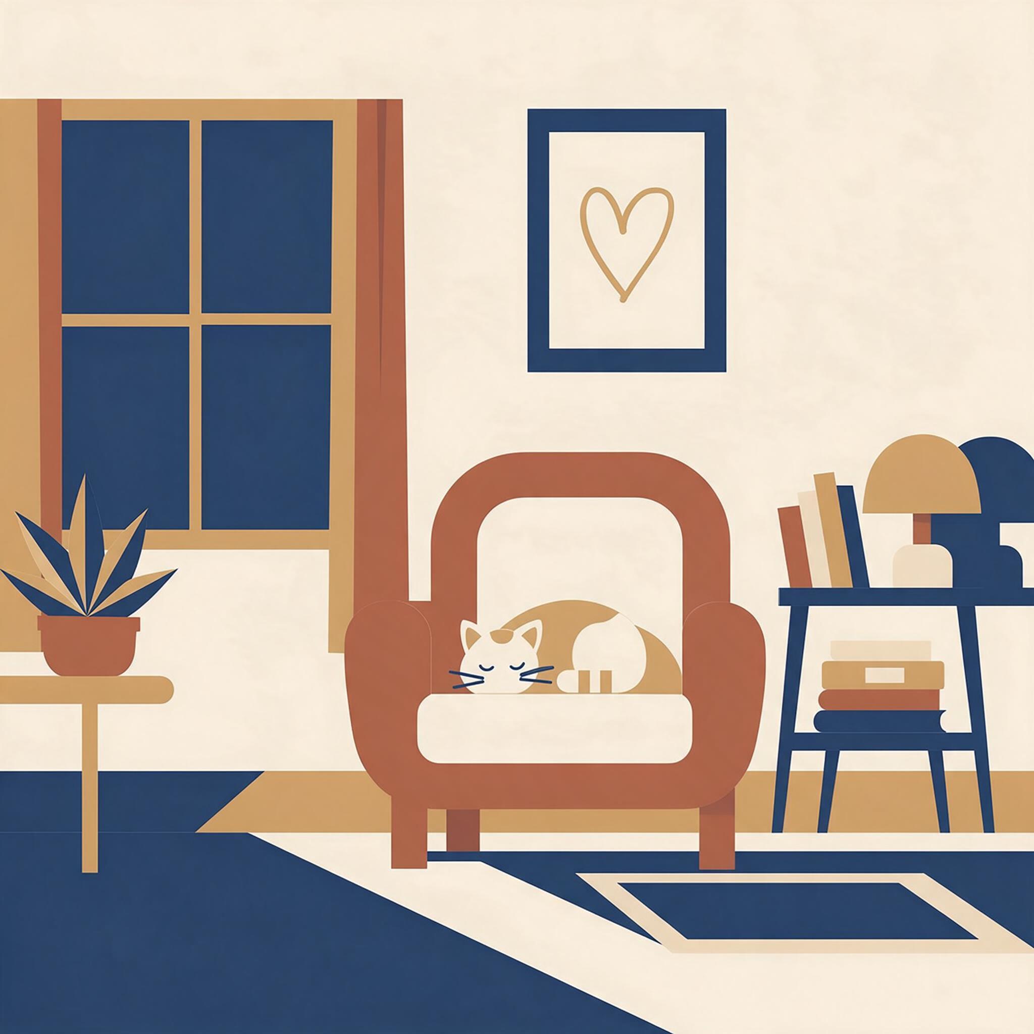 Seedream 5.0 Pro: Flat vector illustration of a cosy reading nook with a cat asleep on an armchair, limited palette of four colours, clean geometric shapes
