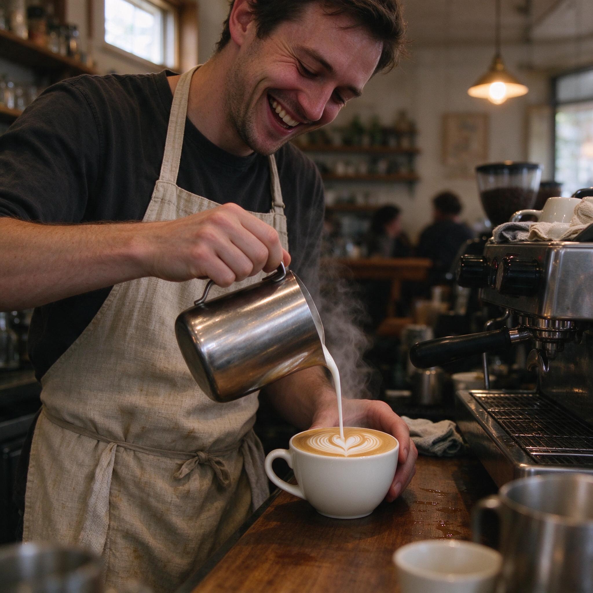 Seedream 5.0 Flash: A barista in a linen apron laughing while pouring latte art, warm cafe interior, shallow depth of field, candid editorial style